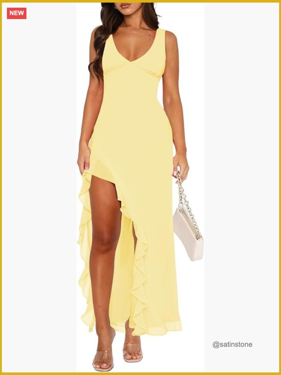 Dresses & Skirts - Sleeveless Mesh V-Neck Bodycon Maxi Dress with High Slit